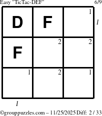 The grouppuzzles.com Easy TicTac-DEF puzzle for Tuesday November 25, 2025 with all 2 steps marked