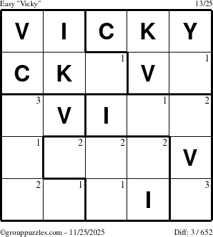 The grouppuzzles.com Easy Vicky puzzle for Tuesday November 25, 2025 with the first 3 steps marked