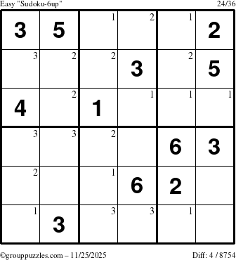 The grouppuzzles.com Easy Sudoku-6up puzzle for Tuesday November 25, 2025 with the first 3 steps marked