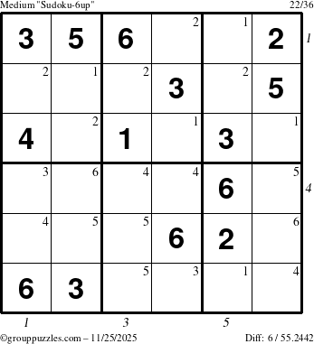 The grouppuzzles.com Medium Sudoku-6up puzzle for Tuesday November 25, 2025 with all 6 steps marked