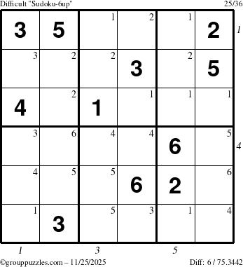 The grouppuzzles.com Difficult Sudoku-6up puzzle for Tuesday November 25, 2025 with all 6 steps marked