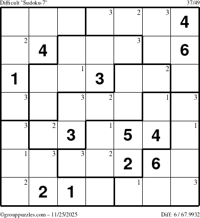 The grouppuzzles.com Difficult Sudoku-7 puzzle for Tuesday November 25, 2025 with the first 3 steps marked