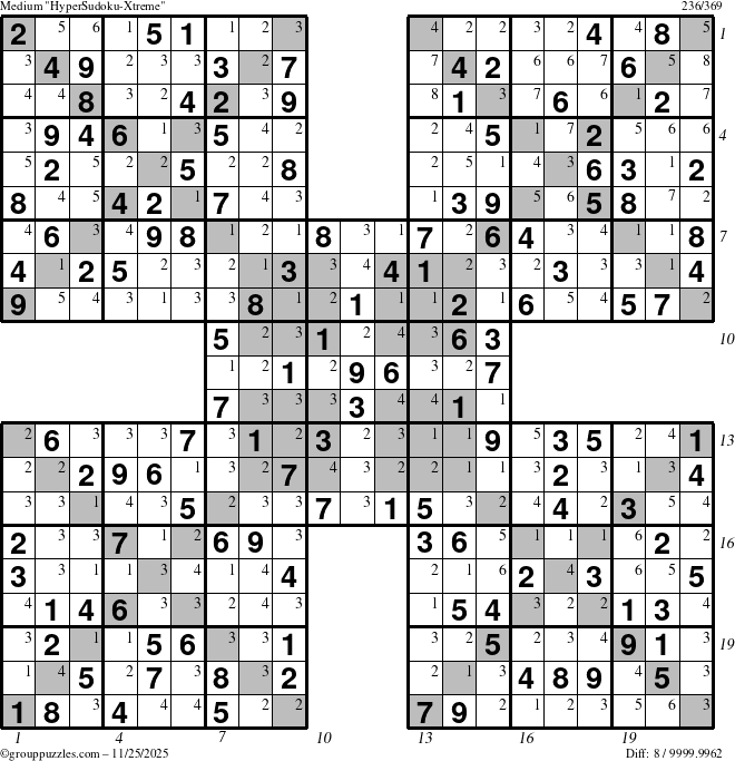 The grouppuzzles.com Medium HyperSudoku-Xtreme puzzle for Tuesday November 25, 2025, suitable for printing, with all 8 steps marked