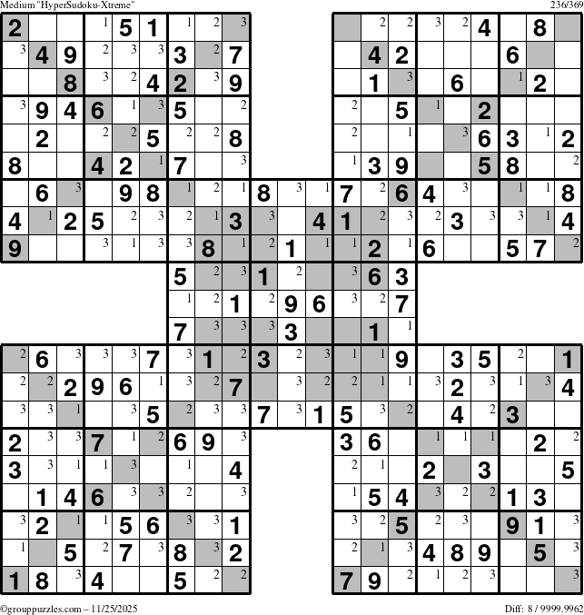 The grouppuzzles.com Medium HyperSudoku-Xtreme puzzle for Tuesday November 25, 2025 with the first 3 steps marked