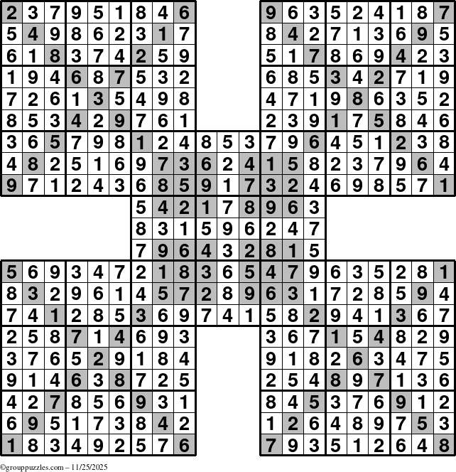 The grouppuzzles.com Answer grid for the HyperSudoku-Xtreme puzzle for Tuesday November 25, 2025