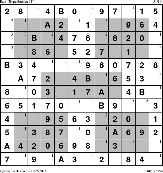 The grouppuzzles.com Easy HyperSudoku-12 puzzle for Tuesday November 25, 2025 with the first 3 steps marked