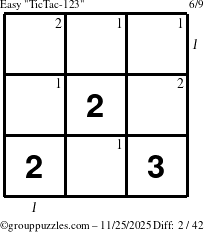 The grouppuzzles.com Easy TicTac-123 puzzle for Tuesday November 25, 2025, suitable for printing, with all 2 steps marked