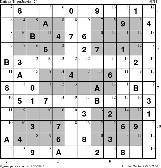 The grouppuzzles.com Difficult HyperSudoku-12 puzzle for Tuesday November 25, 2025 with all 14 steps marked