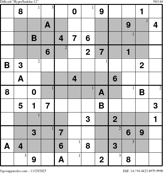The grouppuzzles.com Difficult HyperSudoku-12 puzzle for Tuesday November 25, 2025 with the first 3 steps marked
