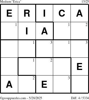 The grouppuzzles.com Medium Erica puzzle for Wednesday May 28, 2025 with the first 3 steps marked