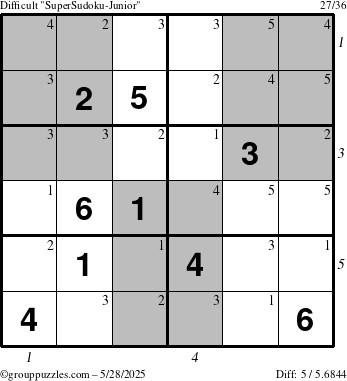 The grouppuzzles.com Difficult SuperSudoku-Junior puzzle for Wednesday May 28, 2025 with all 5 steps marked