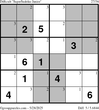 The grouppuzzles.com Difficult SuperSudoku-Junior puzzle for Wednesday May 28, 2025 with the first 3 steps marked