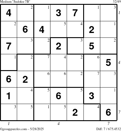 The grouppuzzles.com Medium Sudoku-7B puzzle for Wednesday May 28, 2025 with all 7 steps marked