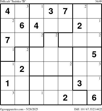 The grouppuzzles.com Difficult Sudoku-7B puzzle for Wednesday May 28, 2025 with the first 3 steps marked