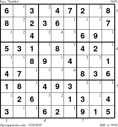 The grouppuzzles.com Easy Sudoku puzzle for Wednesday May 28, 2025, suitable for printing, with all 4 steps marked