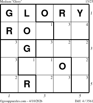 The grouppuzzles.com Medium Glory puzzle for Friday April 10, 2026 with all 4 steps marked