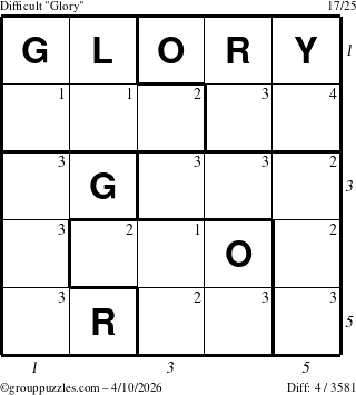 The grouppuzzles.com Difficult Glory puzzle for Friday April 10, 2026 with all 4 steps marked