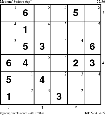 The grouppuzzles.com Medium Sudoku-6up puzzle for Friday April 10, 2026 with all 5 steps marked