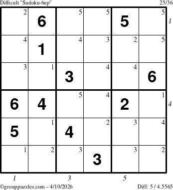 The grouppuzzles.com Difficult Sudoku-6up puzzle for Friday April 10, 2026, suitable for printing, with all 5 steps marked