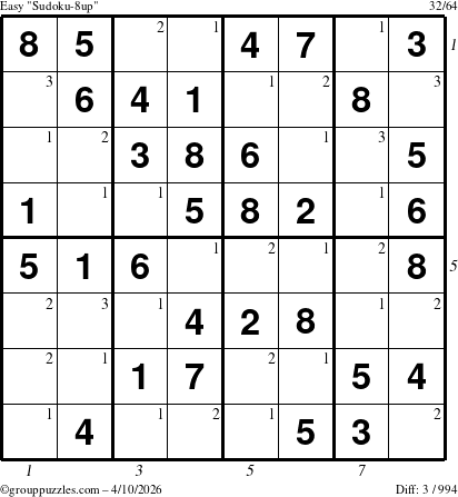 The grouppuzzles.com Easy Sudoku-8up puzzle for Friday April 10, 2026, suitable for printing, with all 3 steps marked