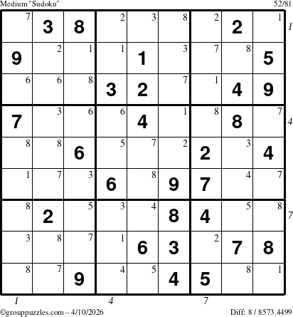 The grouppuzzles.com Medium Sudoku puzzle for Friday April 10, 2026 with all 8 steps marked