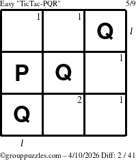 The grouppuzzles.com Easy TicTac-PQR puzzle for Friday April 10, 2026 with all 2 steps marked