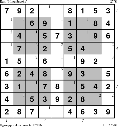 The grouppuzzles.com Easy HyperSudoku puzzle for Friday April 10, 2026, suitable for printing, with all 3 steps marked