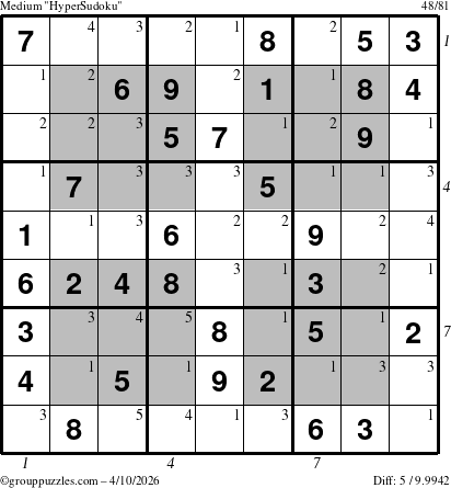 The grouppuzzles.com Medium HyperSudoku puzzle for Friday April 10, 2026, suitable for printing, with all 5 steps marked