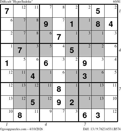 The grouppuzzles.com Difficult HyperSudoku puzzle for Friday April 10, 2026, suitable for printing, with all 13 steps marked