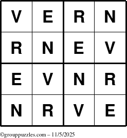 The grouppuzzles.com Answer grid for the Vern puzzle for Wednesday November 5, 2025