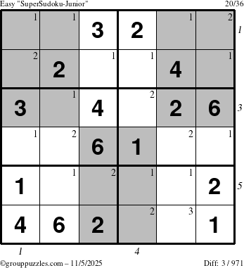 The grouppuzzles.com Easy SuperSudoku-Junior puzzle for Wednesday November 5, 2025 with all 3 steps marked