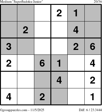 The grouppuzzles.com Medium SuperSudoku-Junior puzzle for Wednesday November 5, 2025