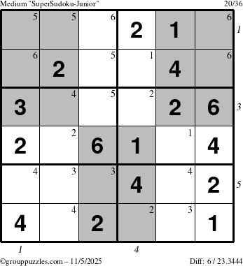 The grouppuzzles.com Medium SuperSudoku-Junior puzzle for Wednesday November 5, 2025 with all 6 steps marked