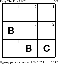 The grouppuzzles.com Easy TicTac-ABC puzzle for Wednesday November 5, 2025 with the first 2 steps marked