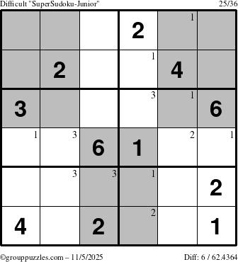 The grouppuzzles.com Difficult SuperSudoku-Junior puzzle for Wednesday November 5, 2025 with the first 3 steps marked