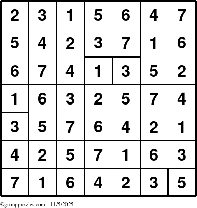 The grouppuzzles.com Answer grid for the Sudoku-7B puzzle for Wednesday November 5, 2025