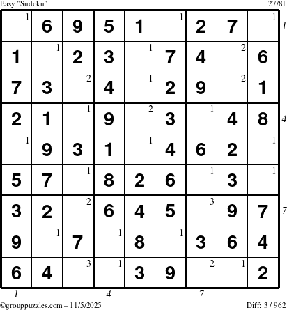 The grouppuzzles.com Easy Sudoku puzzle for Wednesday November 5, 2025, suitable for printing, with all 3 steps marked