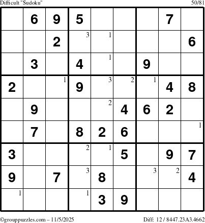 The grouppuzzles.com Difficult Sudoku puzzle for Wednesday November 5, 2025 with the first 3 steps marked