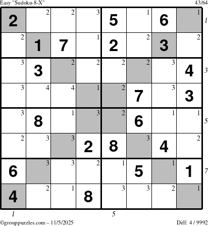 The grouppuzzles.com Easy Sudoku-8-X puzzle for Wednesday November 5, 2025, suitable for printing, with all 4 steps marked
