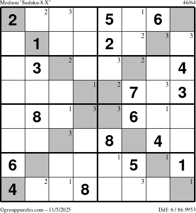 The grouppuzzles.com Medium Sudoku-8-X puzzle for Wednesday November 5, 2025 with the first 3 steps marked