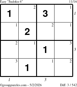 The grouppuzzles.com Easy Sudoku-4 puzzle for Saturday May 2, 2026, suitable for printing, with all 3 steps marked