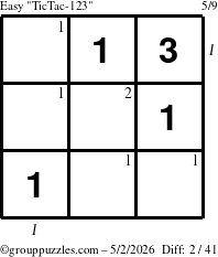 The grouppuzzles.com Easy TicTac-123 puzzle for Saturday May 2, 2026, suitable for printing, with all 2 steps marked