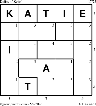 The grouppuzzles.com Difficult Katie puzzle for Saturday May 2, 2026, suitable for printing, with all 4 steps marked