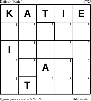 The grouppuzzles.com Difficult Katie puzzle for Saturday May 2, 2026 with the first 3 steps marked