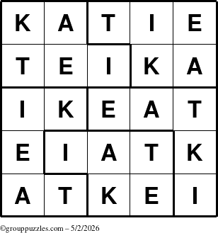 The grouppuzzles.com Answer grid for the Katie puzzle for Saturday May 2, 2026