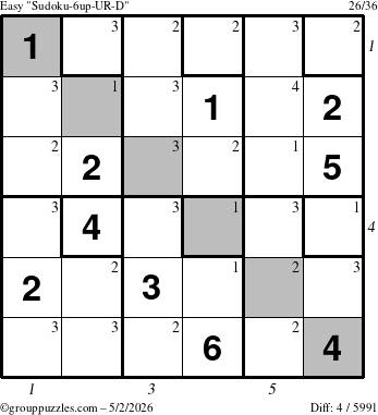 The grouppuzzles.com Easy Sudoku-6up-UR-D puzzle for Saturday May 2, 2026, suitable for printing, with all 4 steps marked