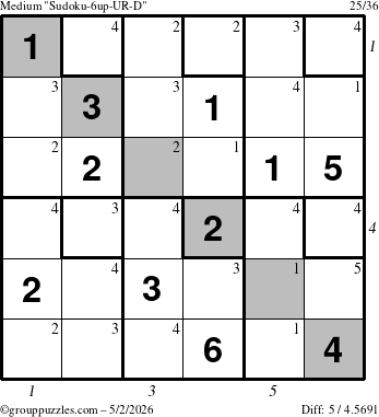 The grouppuzzles.com Medium Sudoku-6up-UR-D puzzle for Saturday May 2, 2026, suitable for printing, with all 5 steps marked