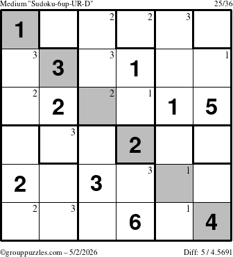 The grouppuzzles.com Medium Sudoku-6up-UR-D puzzle for Saturday May 2, 2026 with the first 3 steps marked