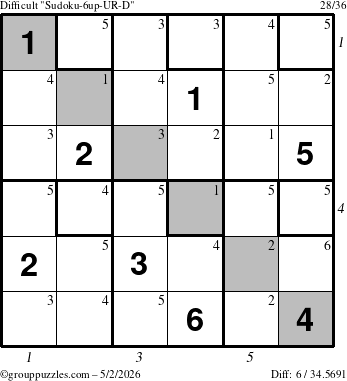 The grouppuzzles.com Difficult Sudoku-6up-UR-D puzzle for Saturday May 2, 2026 with all 6 steps marked