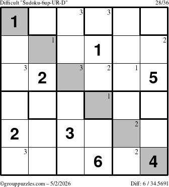 The grouppuzzles.com Difficult Sudoku-6up-UR-D puzzle for Saturday May 2, 2026 with the first 3 steps marked